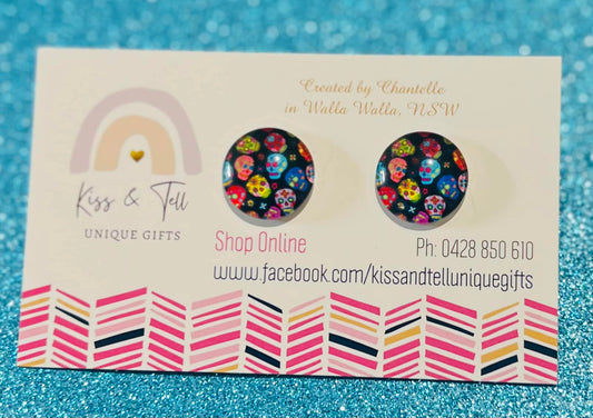 Coloured Skulls Glass Stud Earrings