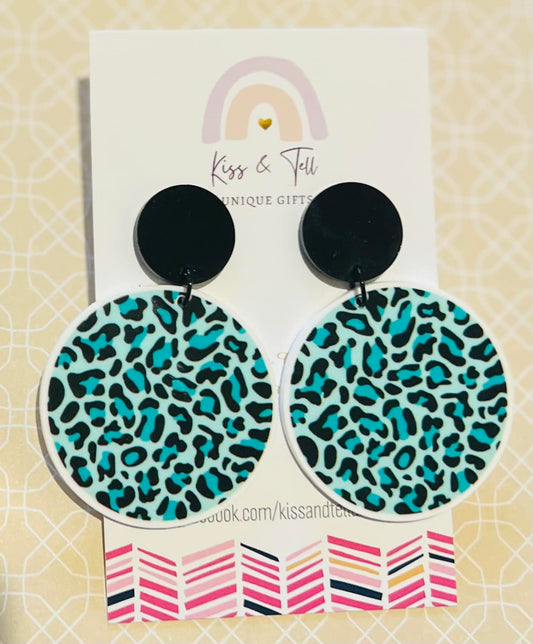 Teal Leopard Print Circle Earrings