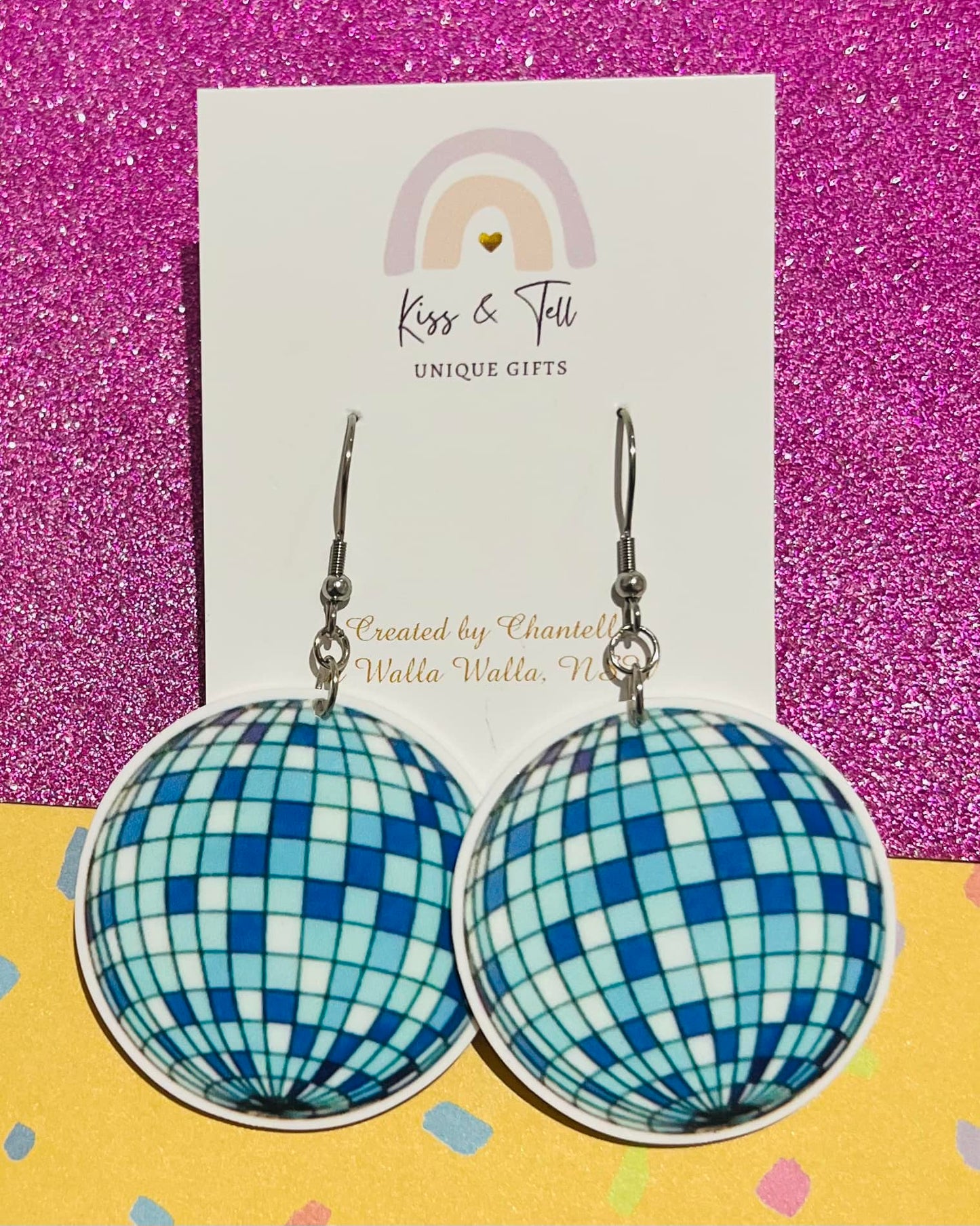 Blue Disco Ball Dangle Earrings