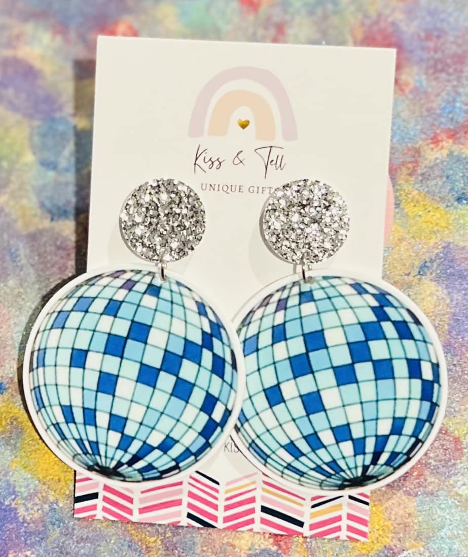 Blue Disco Ball Dangle Earrings