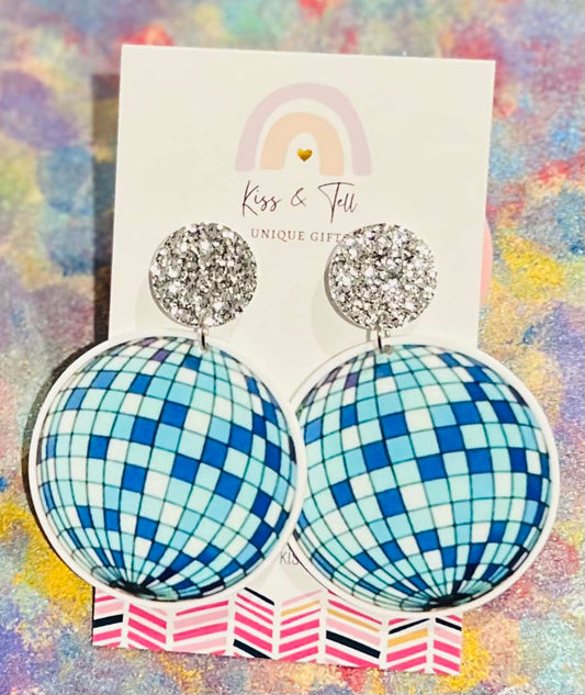 Blue Disco Ball Dangle Earrings