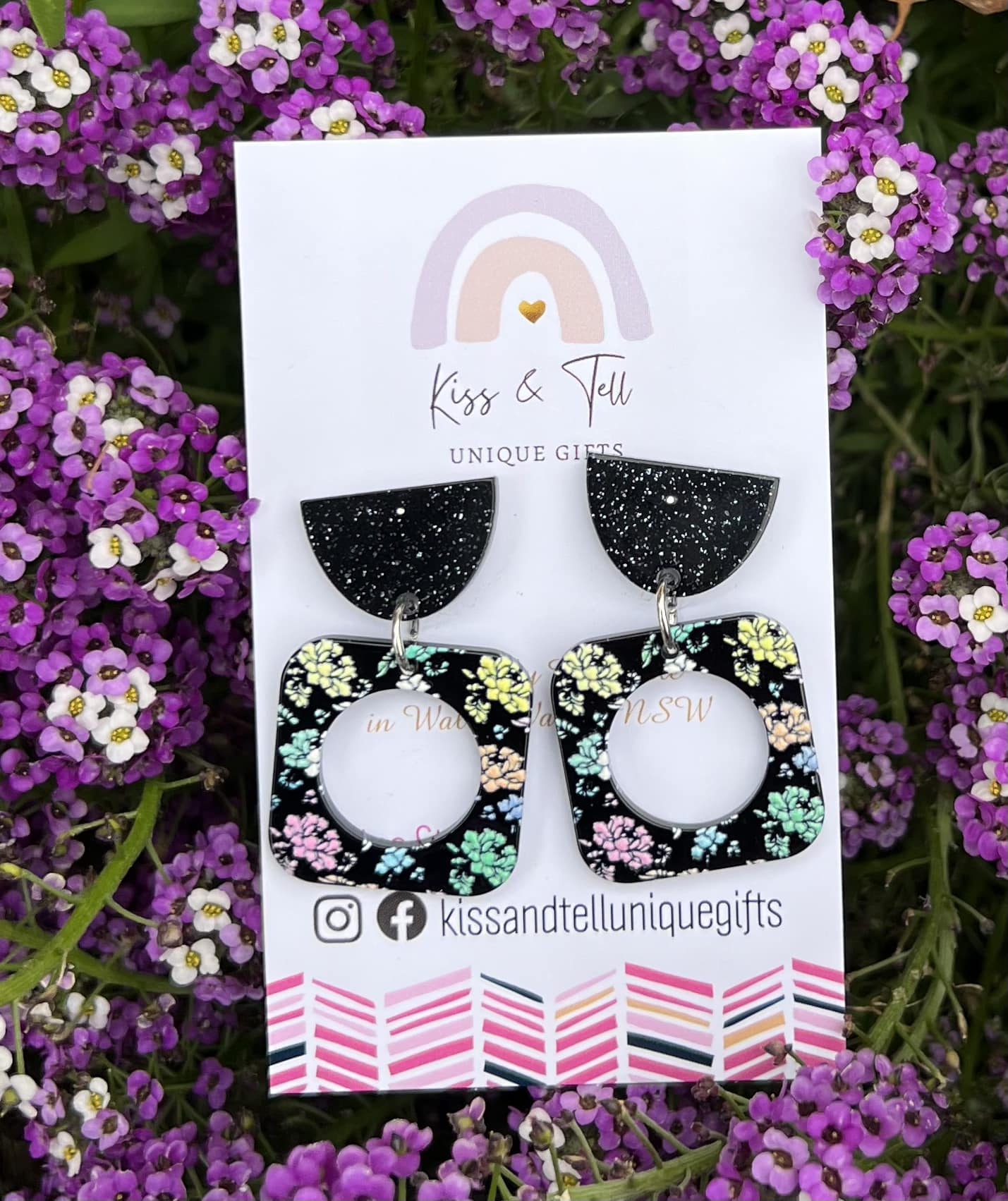 Pastel Flowers Black-Drop Earrings