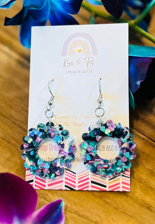 Peacock-Glitter Hearts Dangle Earrings