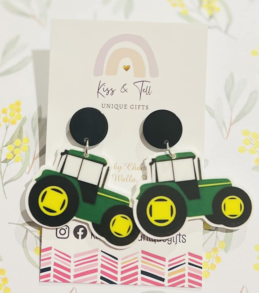 Green Tractor Dangle Earrings