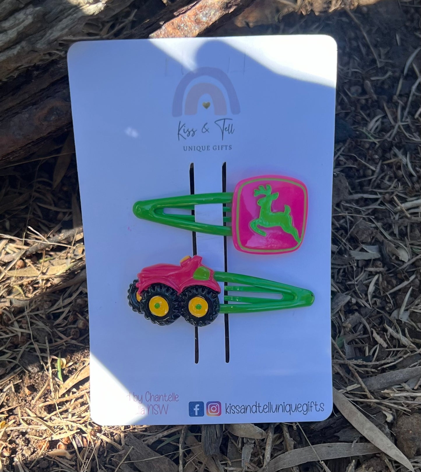 Pink Tractor Hair Clip Set