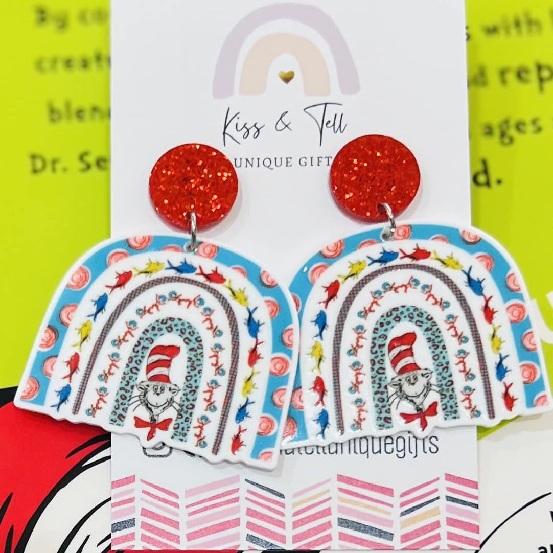 Seuss Book Cat Rainbow Earrings