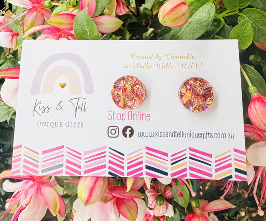 Rose-Pink Glitter Stud Earrings