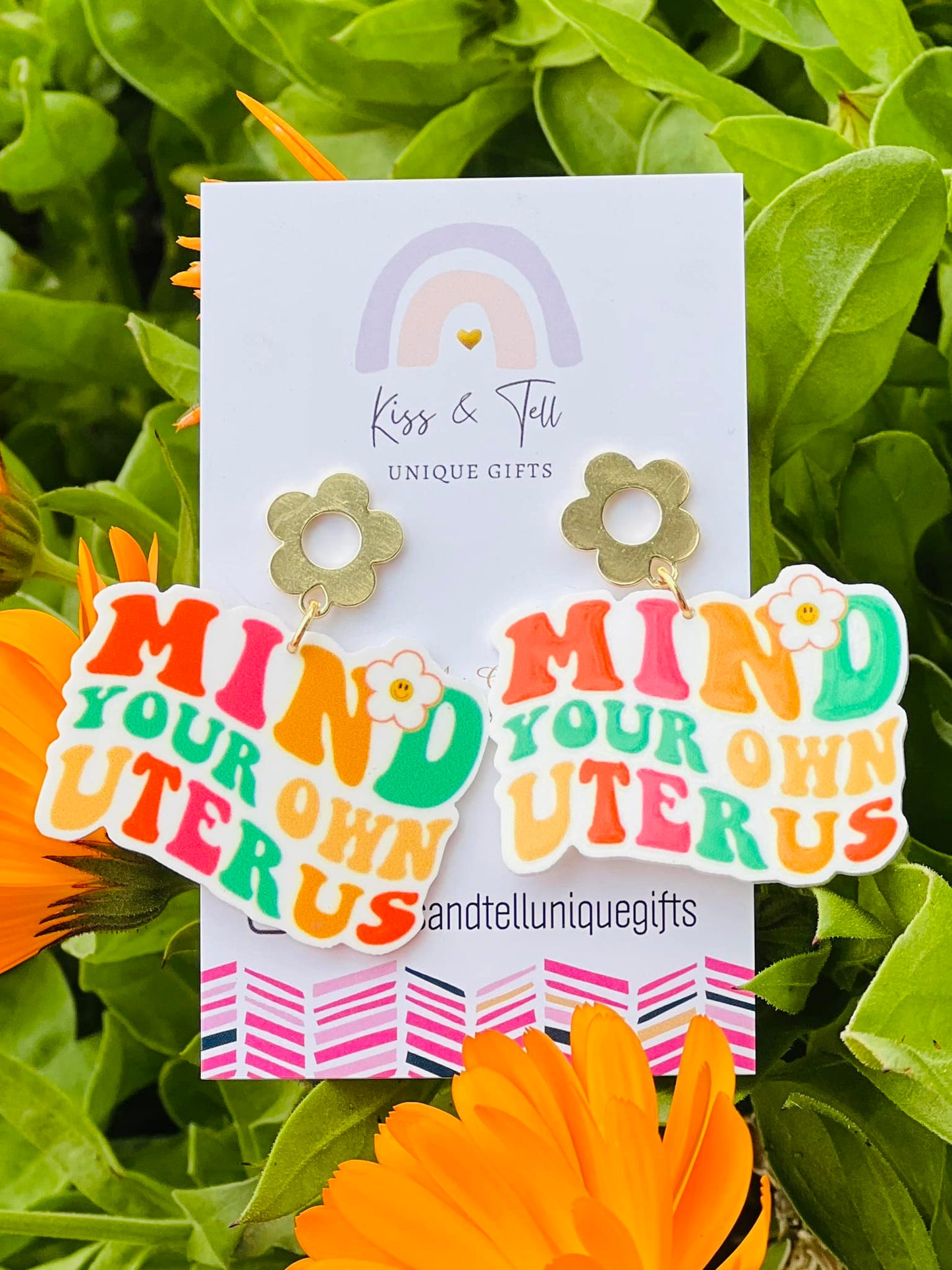 "Mind your own Uterus" Flower-Drop Earrings