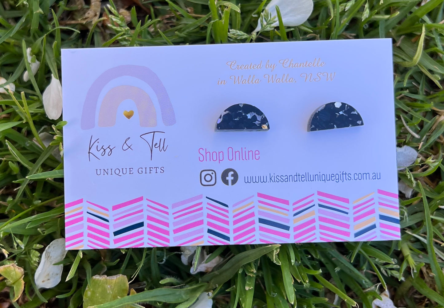 Acrylic Black & Silver Moon Stud Earrings