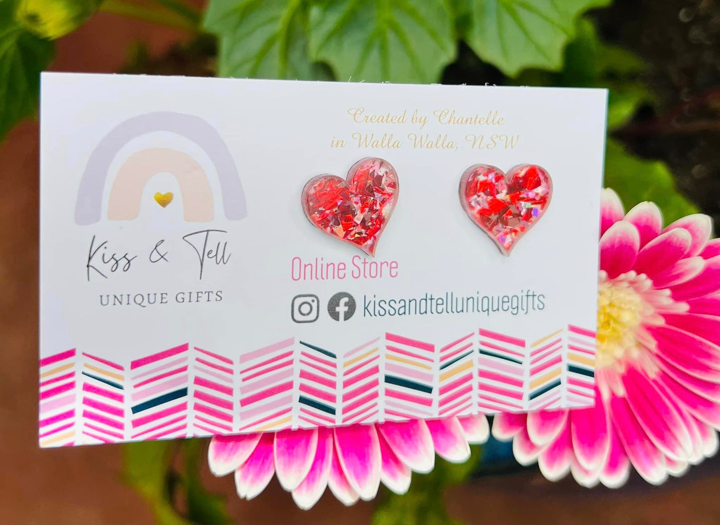 Red & Pink Glitter Acrylic Heart Stud Earrings