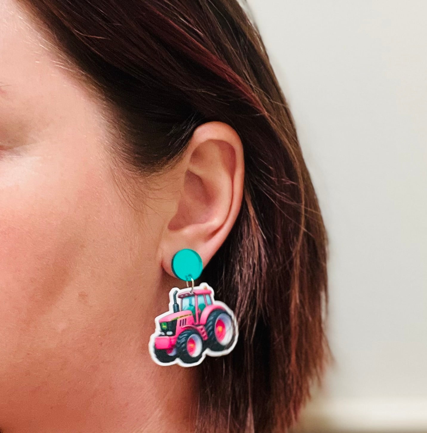 Pink Tractor Dangle Earrings