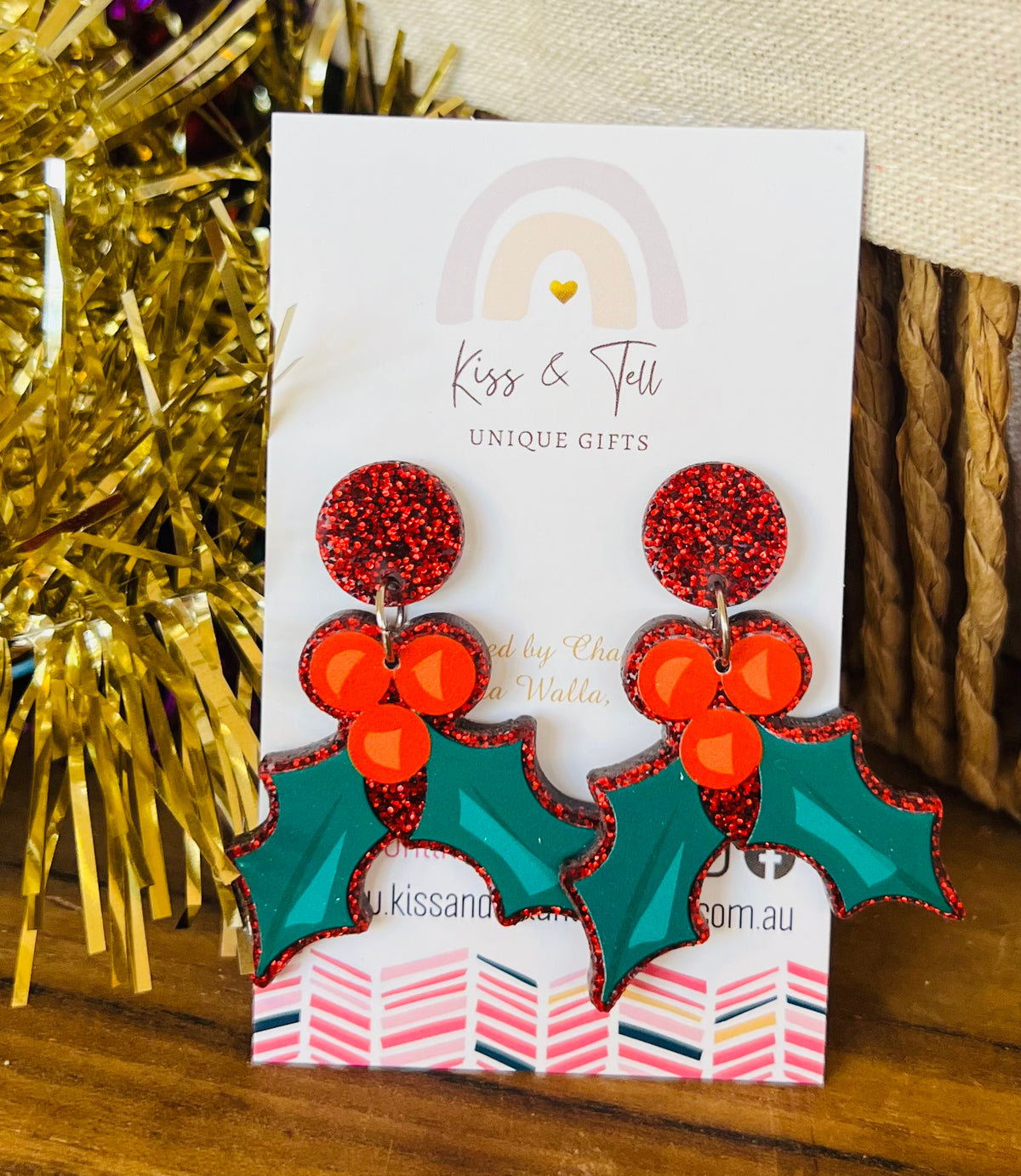 * LAST ONE *  Red Glitter Christmas Holly Earrings