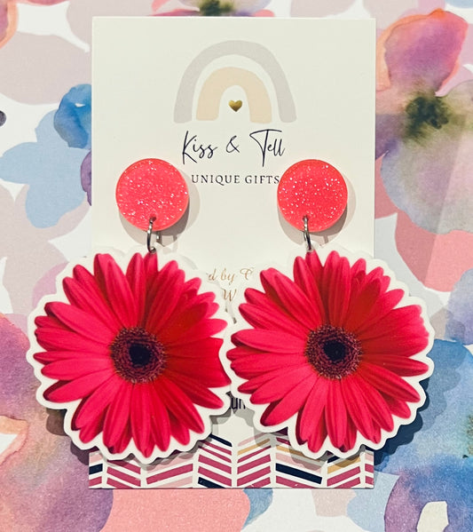 Pink Gerbera Flower Dangle Earrings