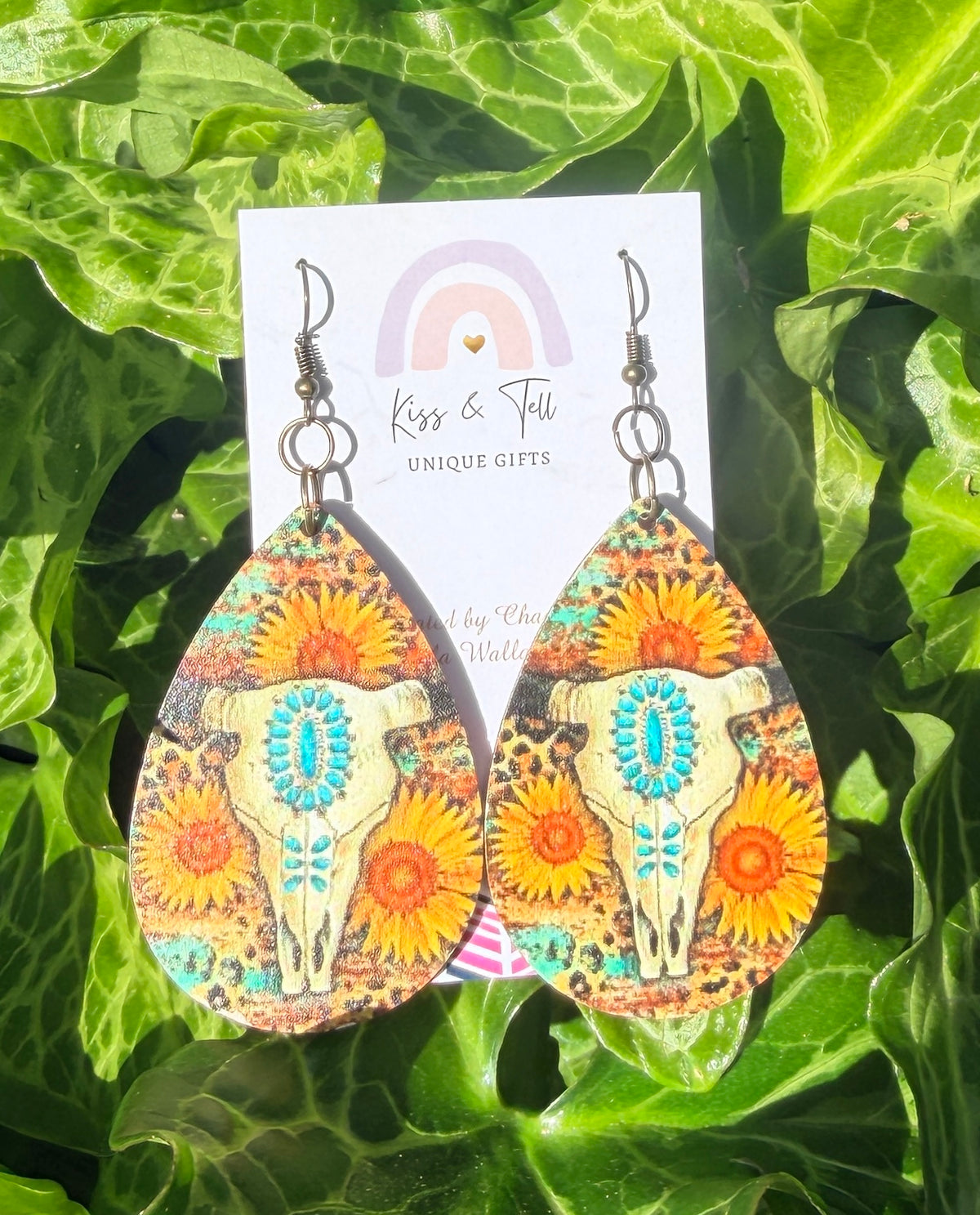 Wooden Floral Skull Dangle Earrings