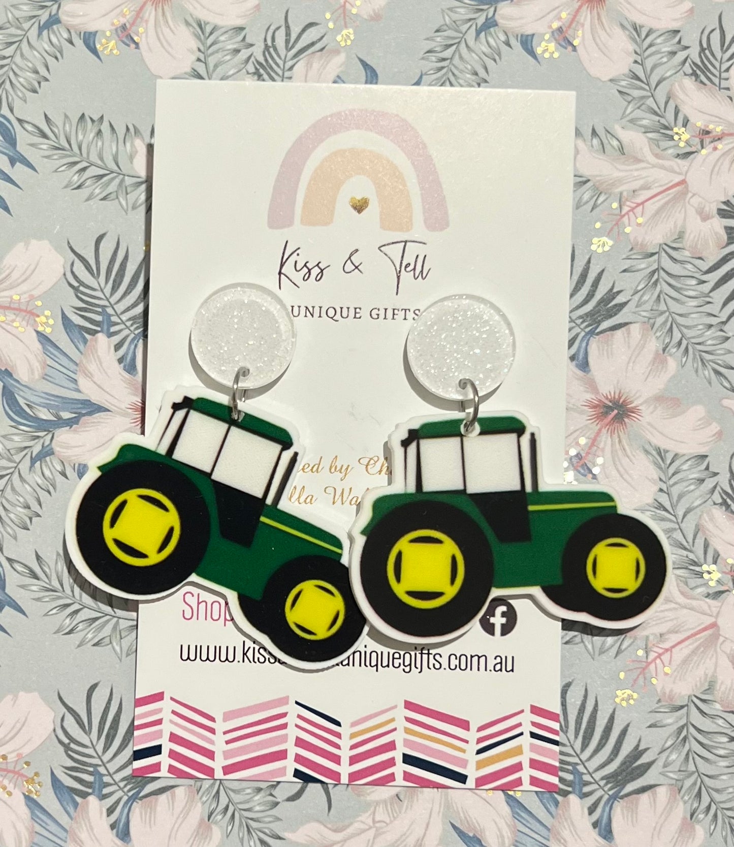 Green Tractor Dangle Earrings