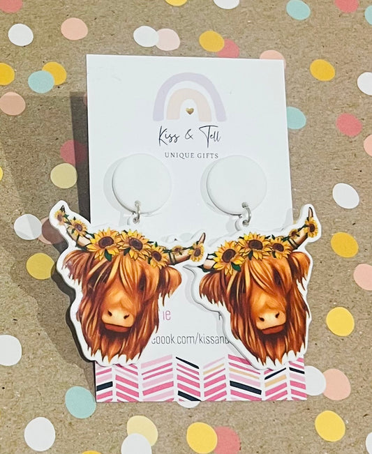 Sunflower Highland Cow Earrings