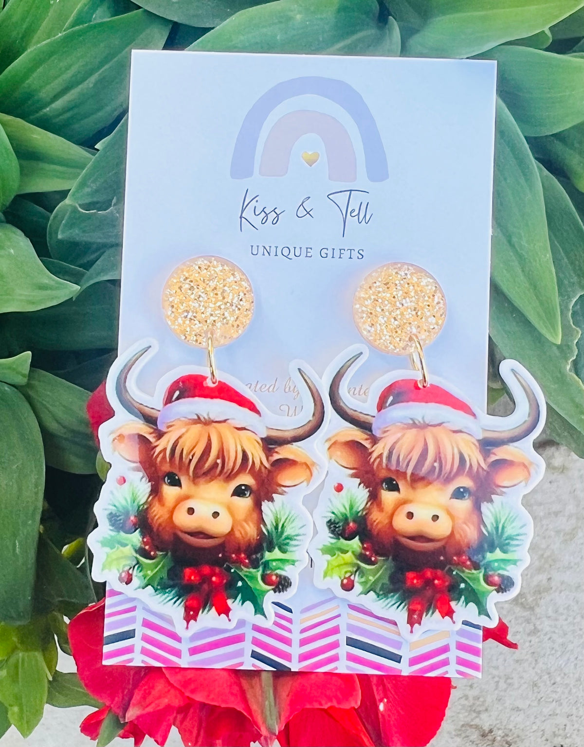 Christmas Highland Cow Dangle Earrings