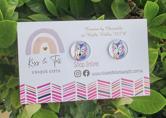 Watercolour Wolf Glass Stud Earrings