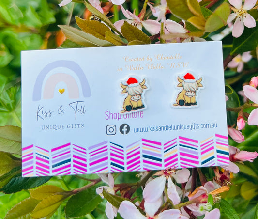 * SALE *  Christmas Highland Cow Stud Earrings
