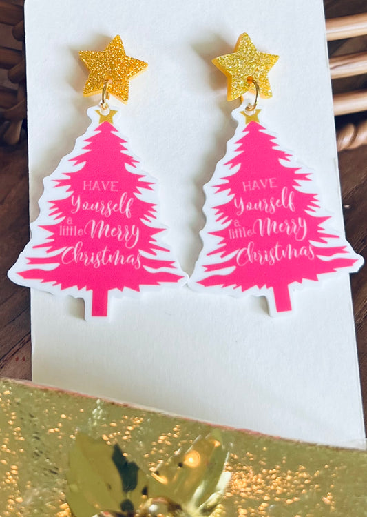 Pink Christmas Tree Dangle Earrings