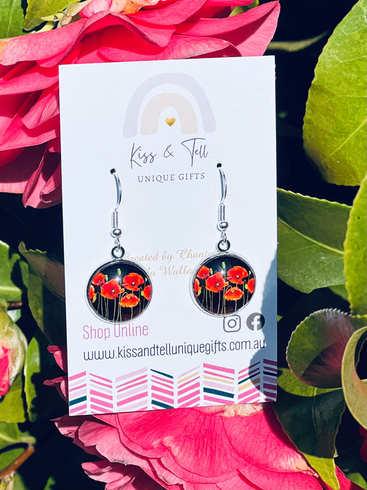 Poppy Flowers with Black Background Earrings