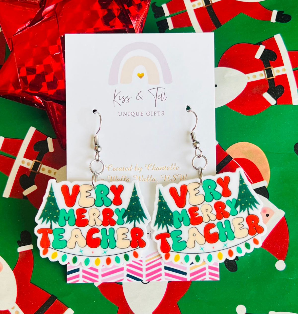 Merry Teacher Christmas Dangle Earrings