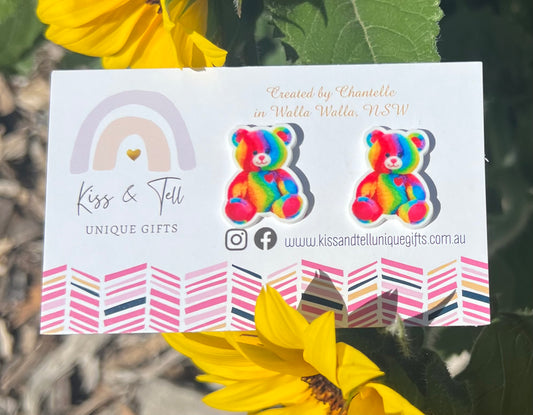 Rainbow Teddy Bear Stud Earrings