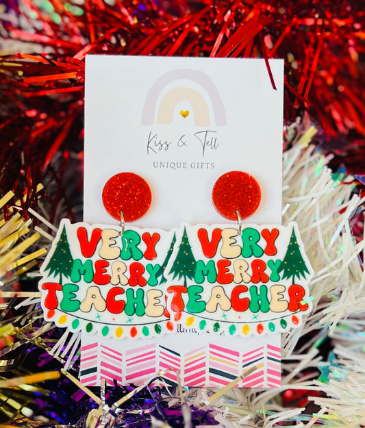 Merry Teacher Christmas Dangle Earrings