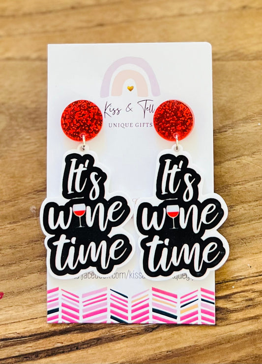 "It's Wine Time" Red Glitter-Drop Earrings