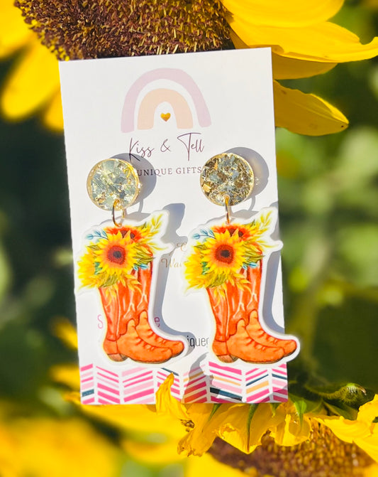 Sunflower Cowgirl Boot Dangle Earrings