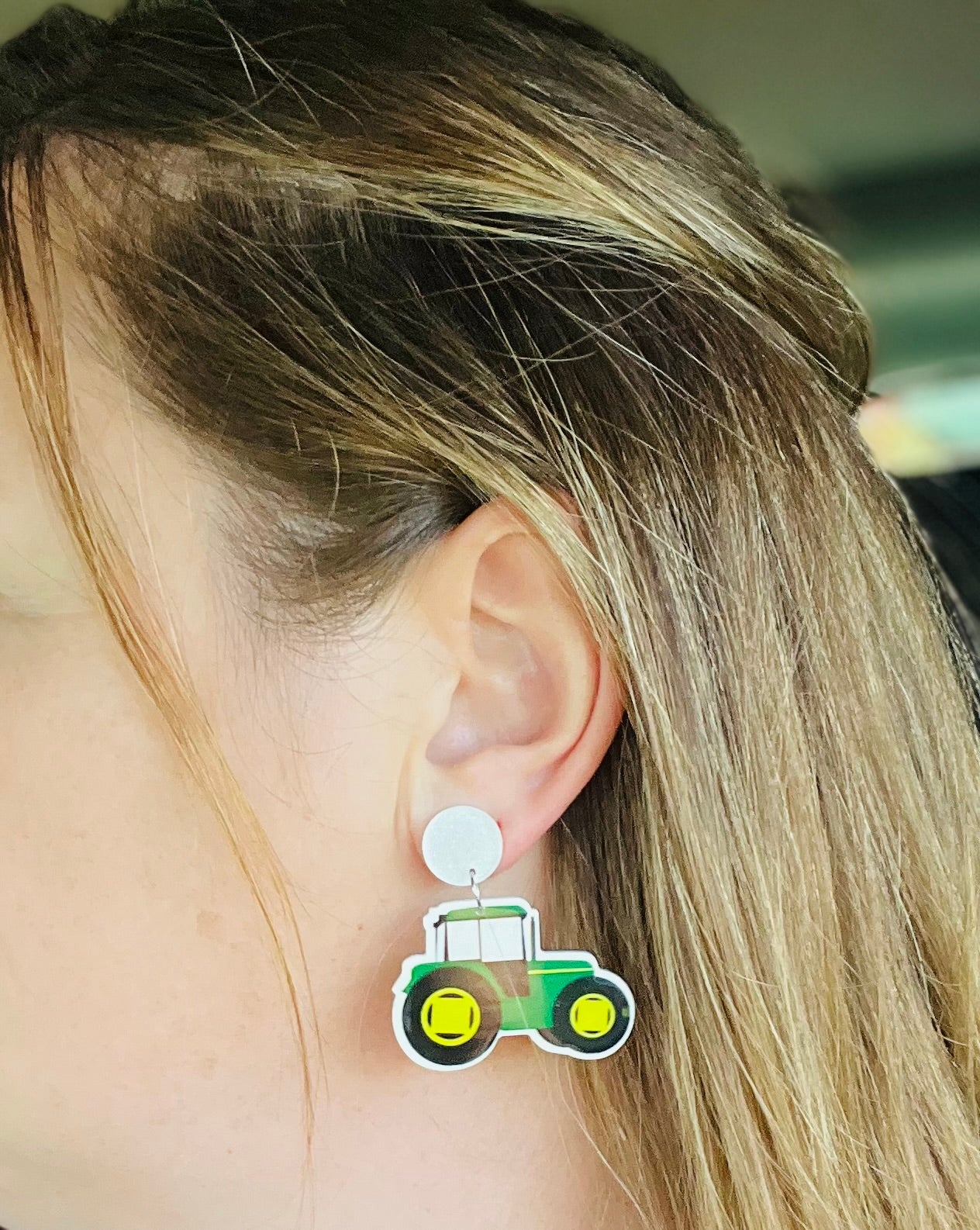 Green Tractor Dangle Earrings