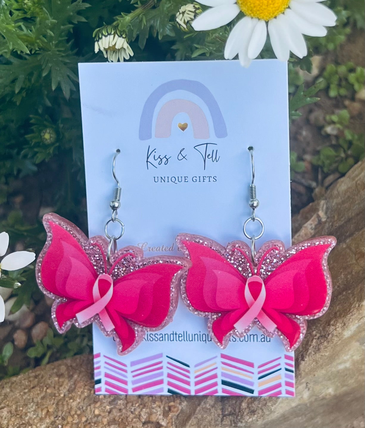 Breast Cancer Butterfly Dangle Earrings