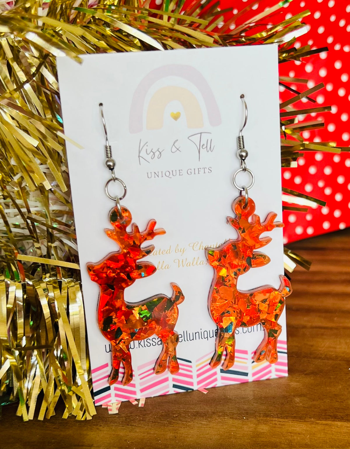 Red Foil Glitter Reindeer dangle Earrings