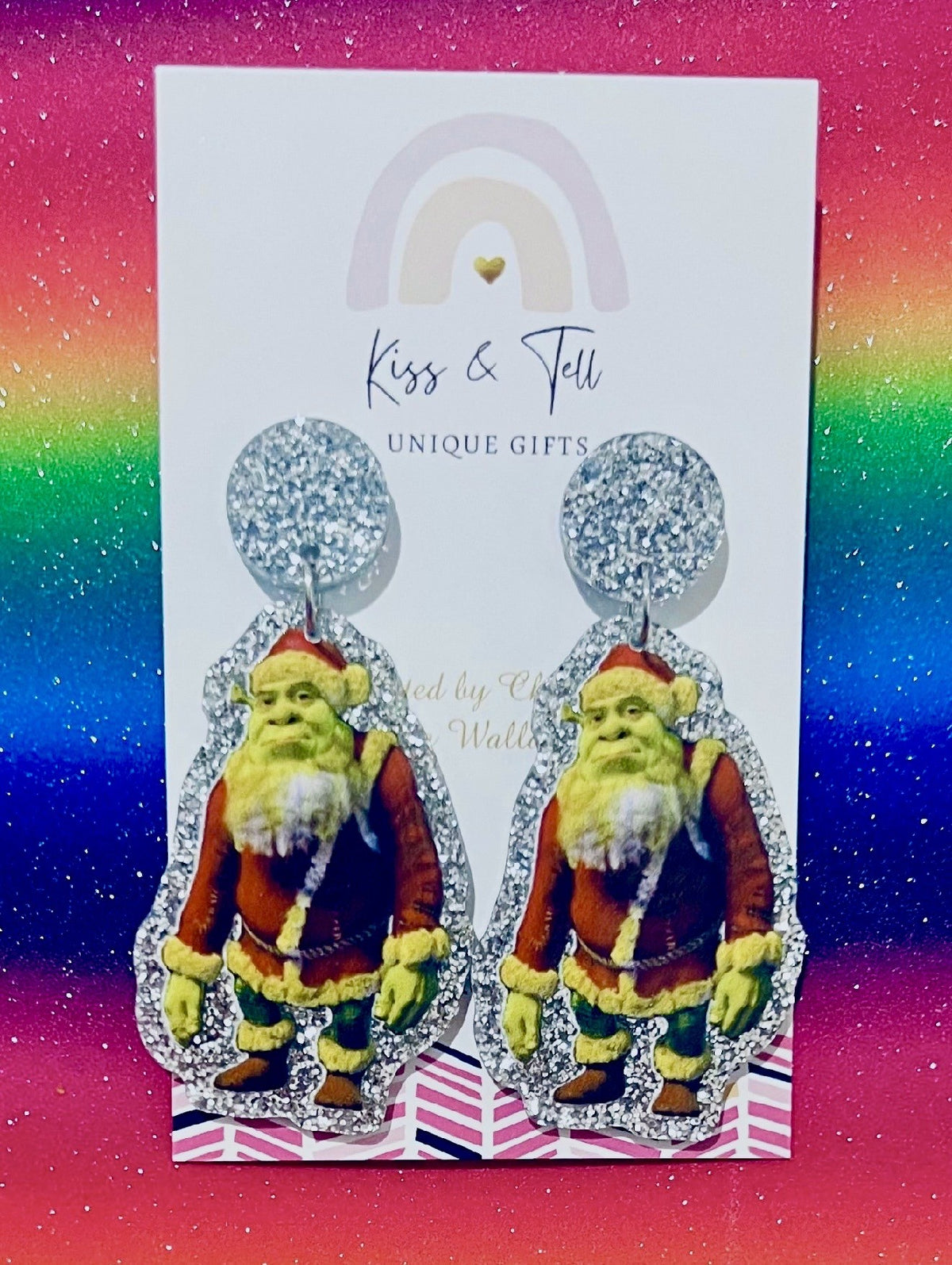 * SALE *  Shrek Silver Glitter Christmas Dangle Earrings