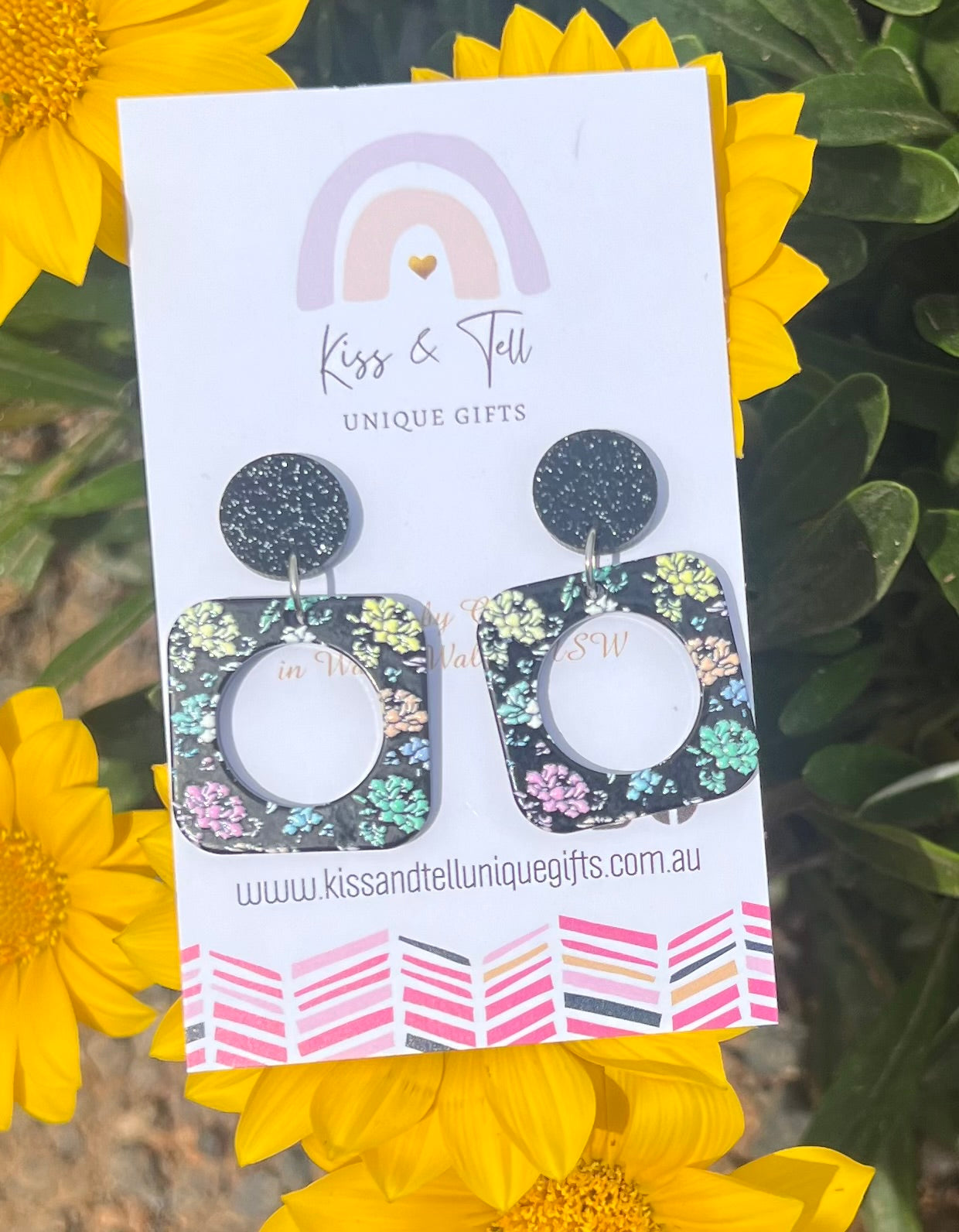 Pastel Flowers Black-Drop Earrings