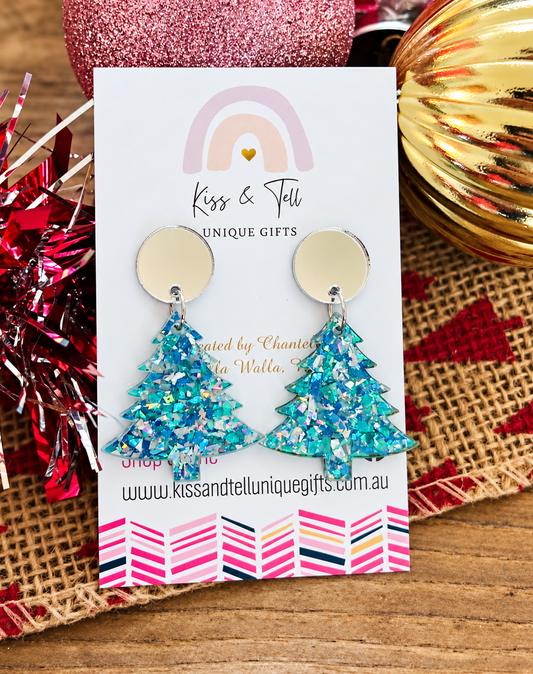 Blue Glitter Acrylic Christmas Tree Earrings