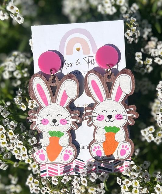 Wooden Easter Bunny Dangle Earrings