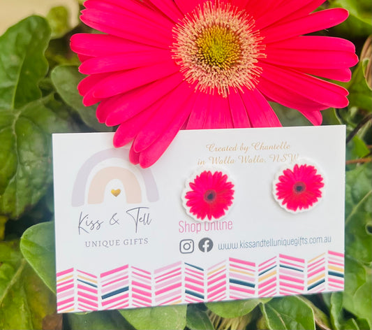 Pink Gerbera Flower Stud Earrings