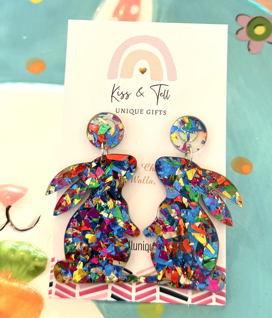 * 1 LEFT *  Acrylic Glitter Easter Bunny Earrings