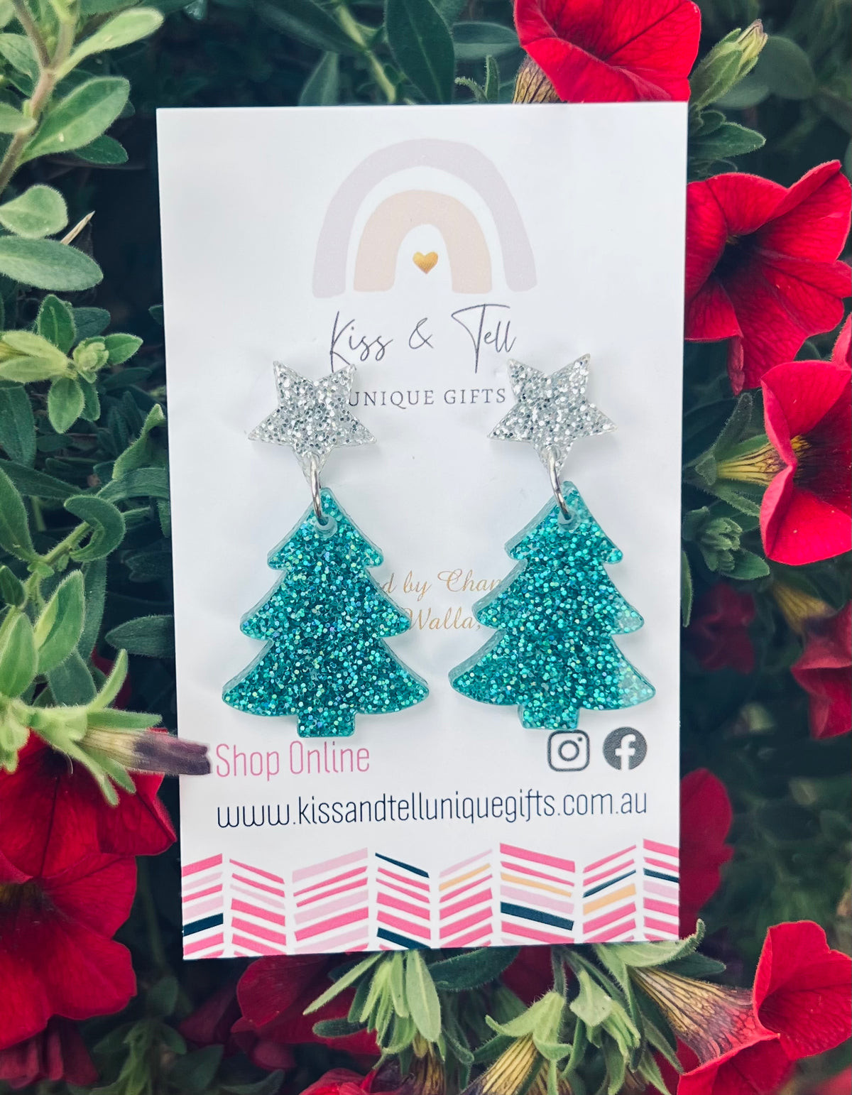 Turquoise Glitter Christmas Tree Dangle Earrings