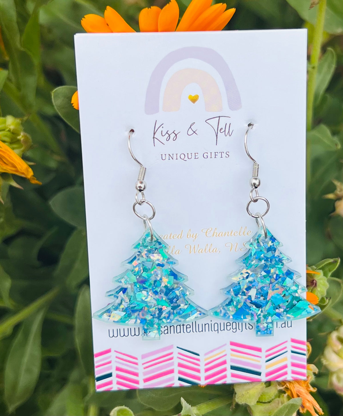 Blue Glitter Acrylic Christmas Tree Earrings