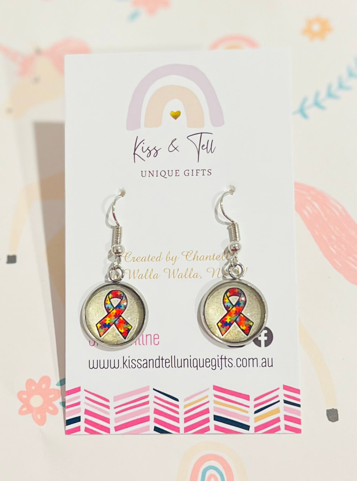 Autism Ribbon Silver Dangle Earrings