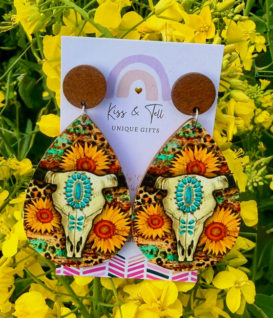 Wooden Floral Skull Dangle Earrings