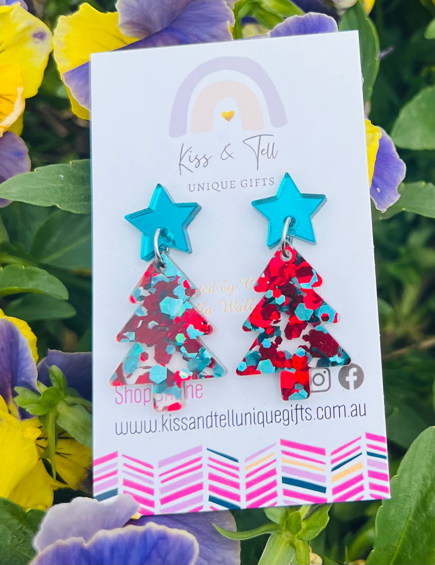 Red & Teal Christmas Tree Star-Drop Earrings