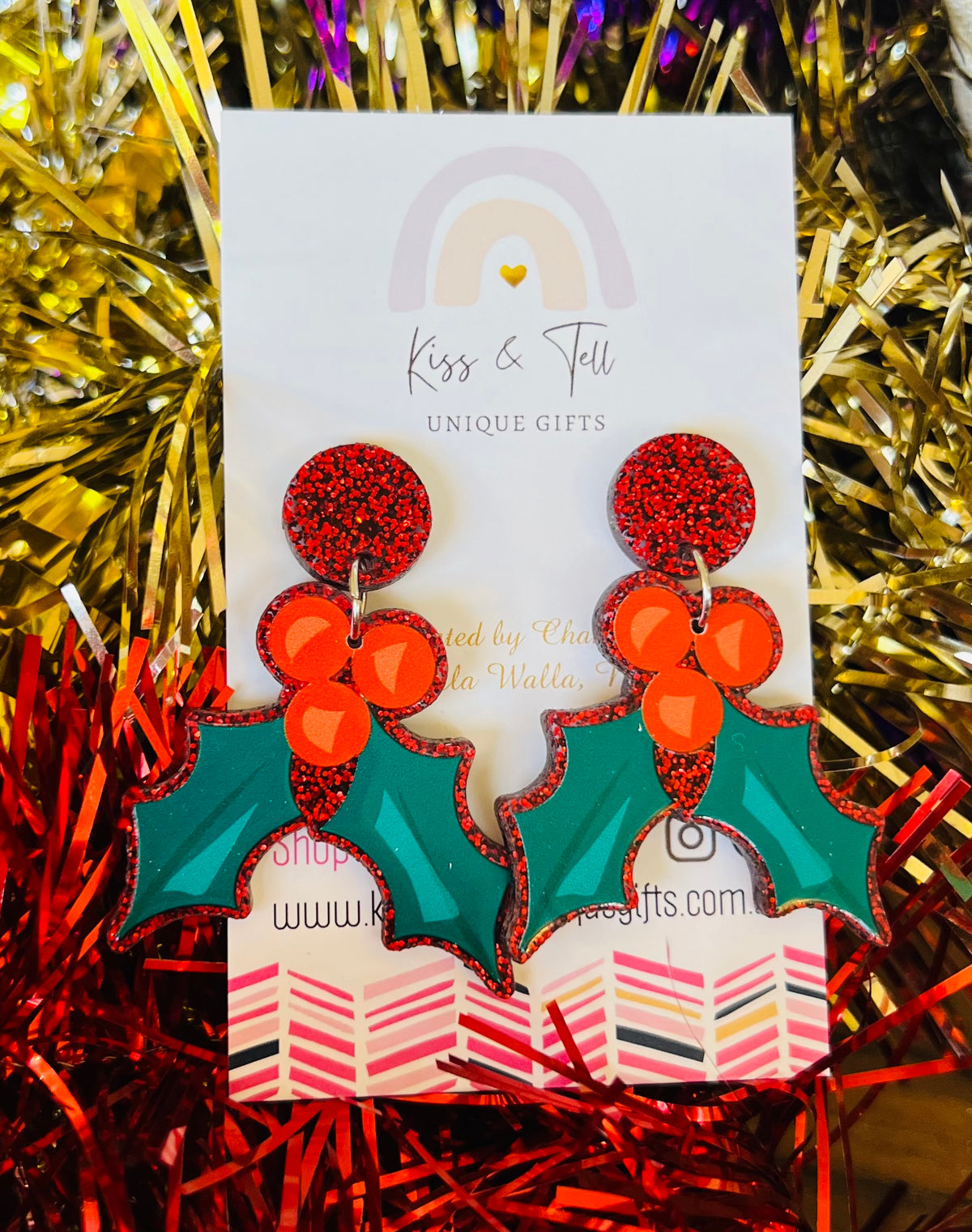 * LAST ONE *  Red Glitter Christmas Holly Earrings