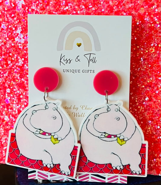 Hippopotamus On Roof Eating Cake Earrings