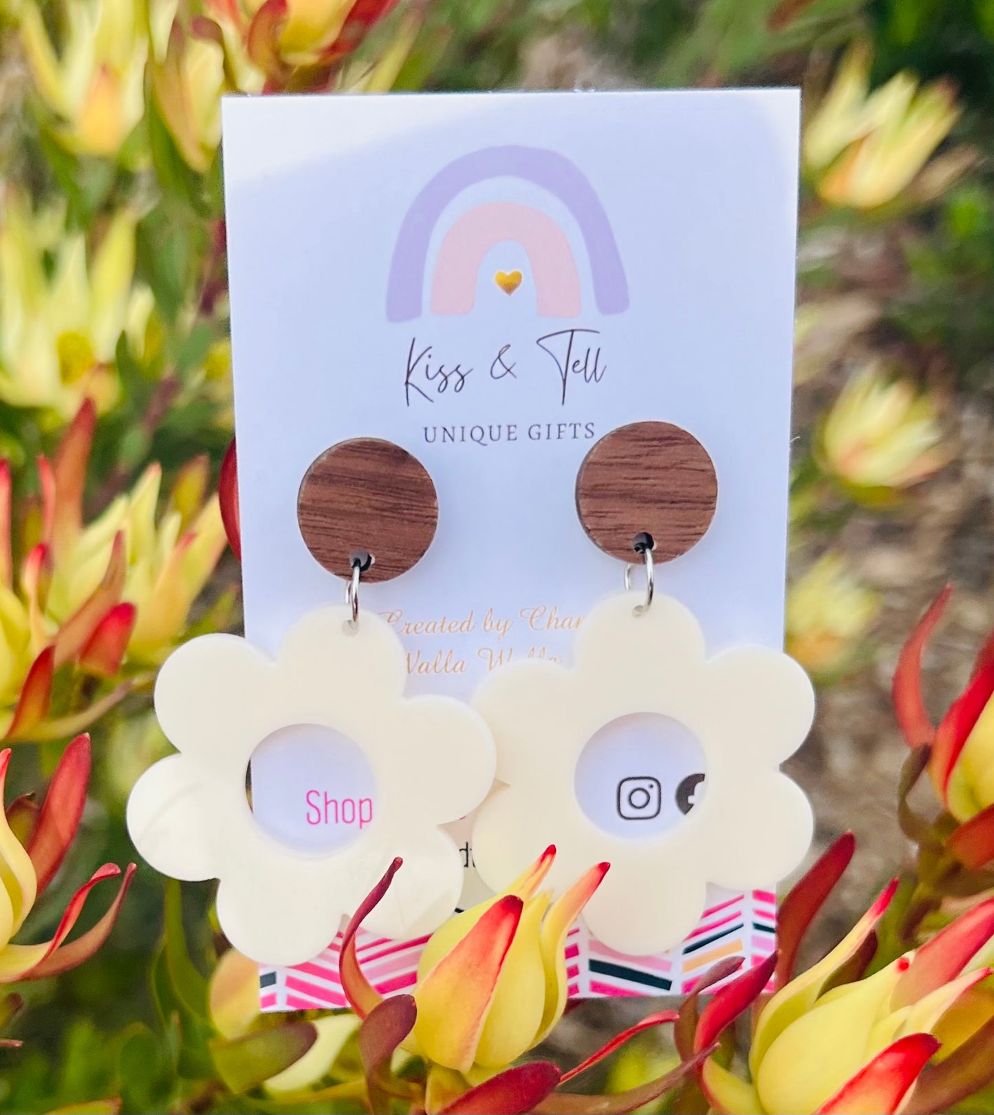 White Flower Wood-Drop Earrings