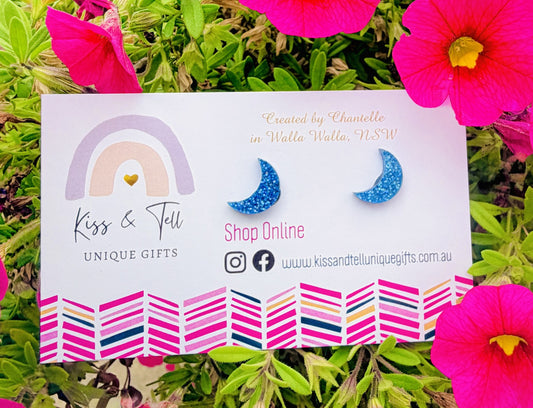 Blue Glitter Moon Stud Earrings