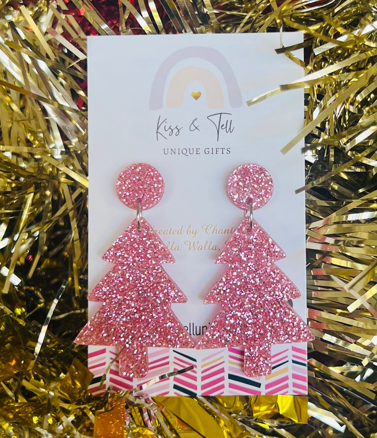 * LAST ONE *  Pink Glitter Acrylic Christmas Tree Earrings