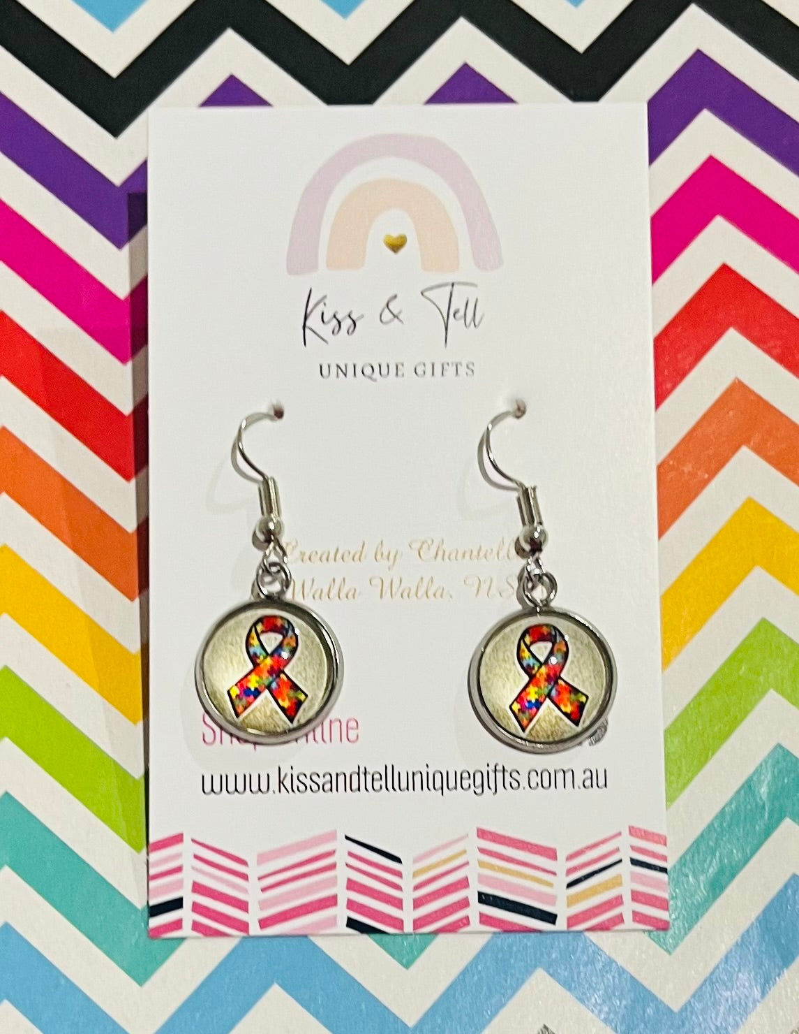 Autism Ribbon Silver Dangle Earrings